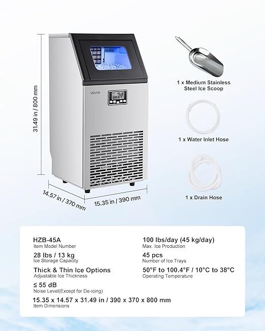 VEVOR Commercial Ice Maker Machine, 100 lbs/24h with 28Lbs Storage, 45 Cubes per Cycle, Stainless Steel Freestanding & Under Counter Ice Maker with LED Display & Self-Cleaning, for Home Bar Restaurant