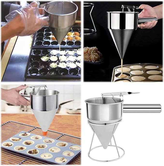 40 oz Pancake Batter Dispenser Stainless Steel Multi Caliber Nozzle with Squeeze Handle and Stand for Pancakes Cupcakes Funnel Cakes Waffles Baked Goods