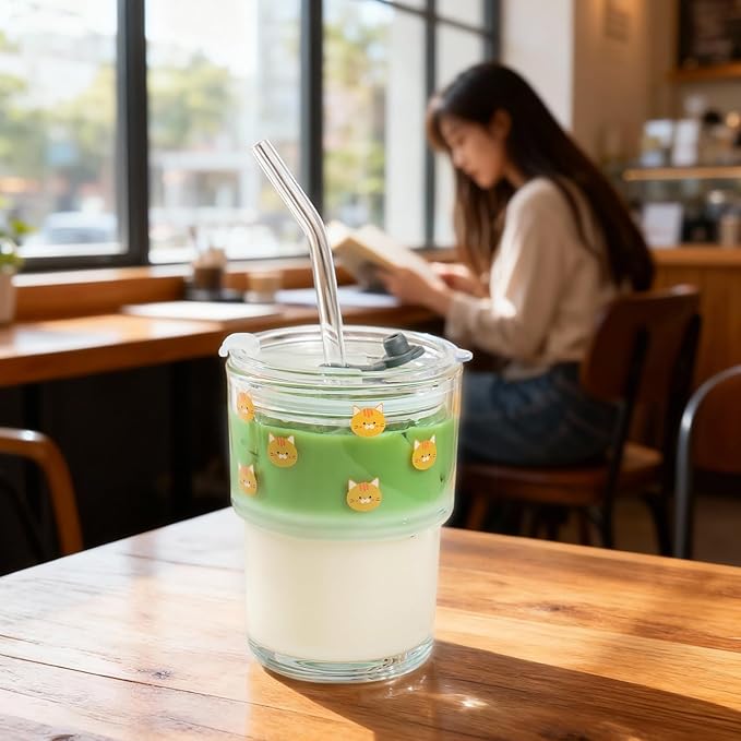 Olvini 13oz Glass Tumbler with Straw and Lid, Reusable Iced Coffee Cup Tumbler, Cute Glass Cups for Water, Matcha, Travel Coffee Mugs (Cute Cat - 13oz)