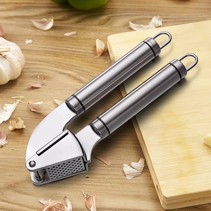 Garlic Press Stainless Steel - Premium Professional Grade Garlic Mincer, Crusher & Peeler Set - Easy Clean, Dishwasher Safe & Rust-proof(A)