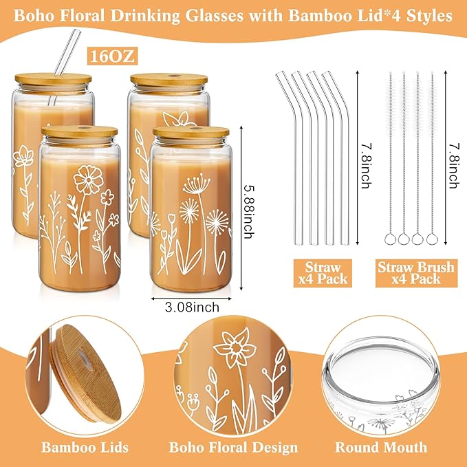 Mumufy 4 Pack Bridesmaid Gift Glass Cups, Cute Flower Mason Jars with Bamboo Lids & Straws, 16oz Iced Coffee Tumblers for Wedding, Bridal Party, Birthday, Mother's Day(Boho Floral)