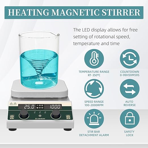 10L Capacity Magnetic Stirrer Hot Plate,350°C Heating & 2000 RPM, Includes Temp Probe and Stir Bar, Large 7.1" Square Hotplate