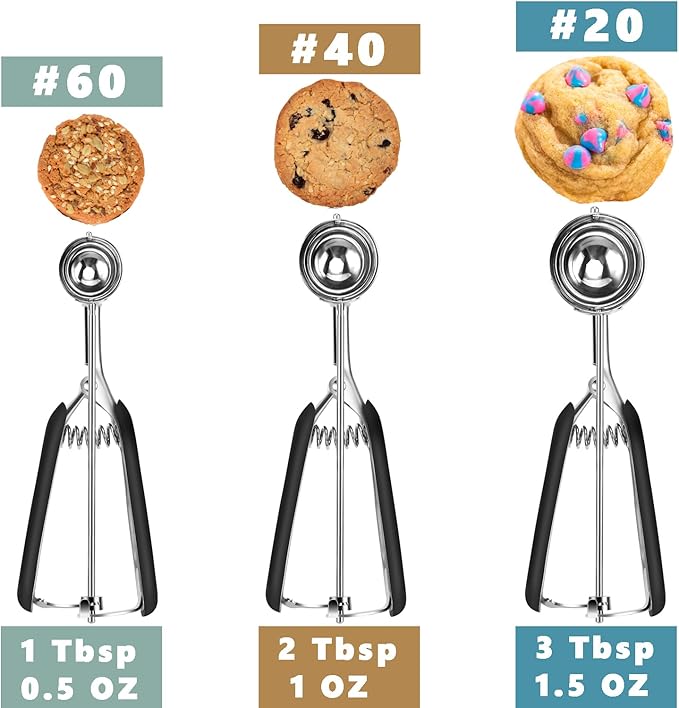 HOMURE H Cookie Scoop Set, Include 1 Tbsp/2 Tbsp/3 Tbsp, Cookie Dough Scoop, Cookie Scoops for Baking Set of 3, 18/8 Stainless Steel, Good Grip, Non-Slip, For Cookies Cupcake Muffin Ice Cream waffle
