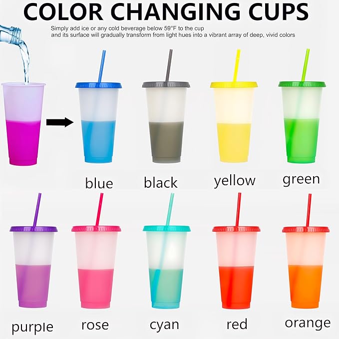 Color Changing Cups, 9 Pack 24oz Plastic Tumblers, Reusable Iced Coffee & Smoothie Cups with Lids and Straws for Parties and Travel (9, White)