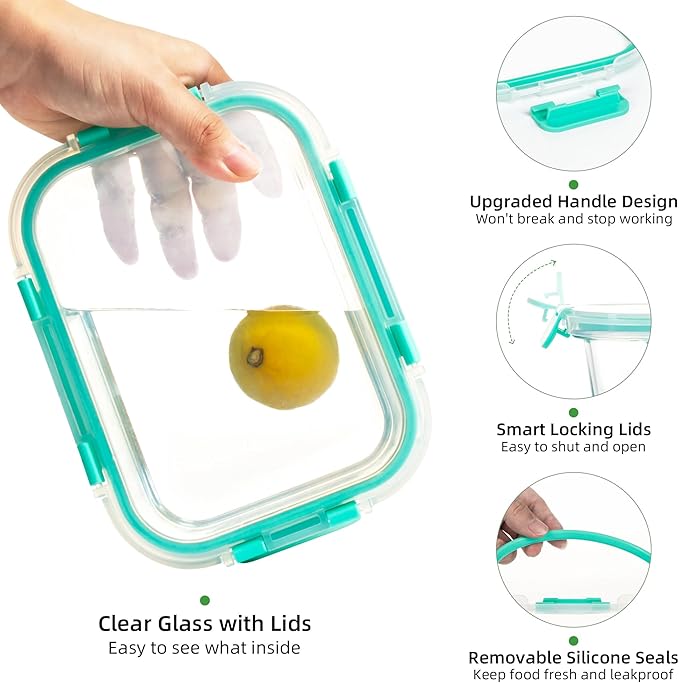 UMEIED 10 PACK Glass Food Storage Containers with Leak Proof Lids, Glass Airtight Meal Prep Containers Set for Lunch, On the Go, Leftover, Kitchen Pantry Organizers and Storage (Mint Green)