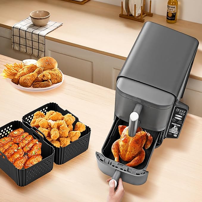 Silicone Air Fryer Liners for Ninja 10QT DoubleStack XL 2-Basket SL401 SL400 SL451 Airfryer,2PCS Reusable Rectangle Perforated Silicone Liners for Ninja DZ302 DZ401 DZ550 Dual Air Fryer Accessories
