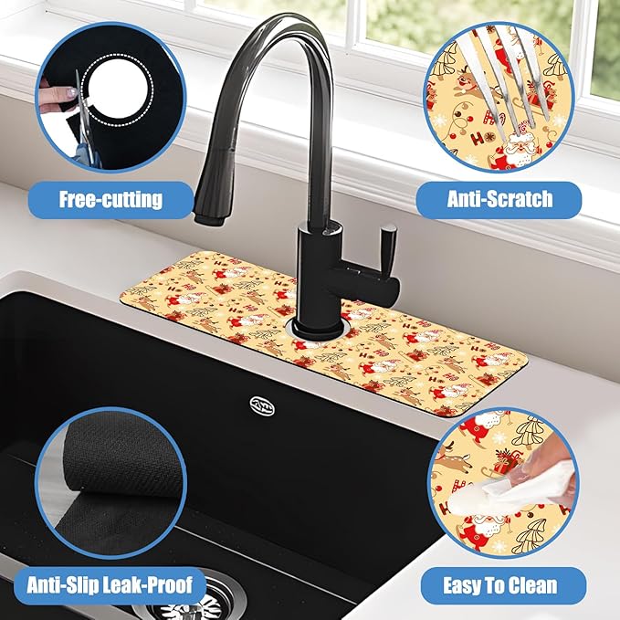 Chrismas Sink Splash Guard Faucet Mat Cute Christmas Absorbent Fast Drying Mat Sink Gadgets Splash Guard Behind Faucet Drip Catcher for Kitchen Bathroom 15.5"X5.5"