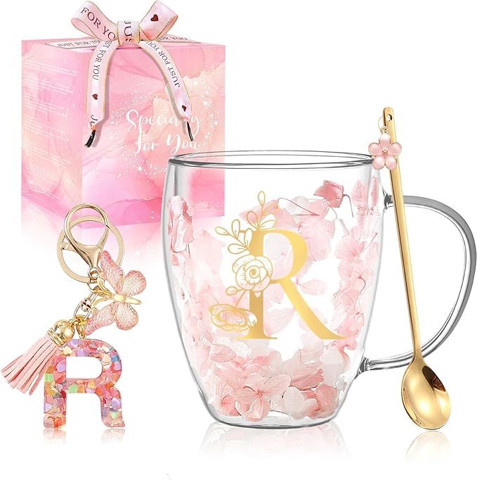 Personalized Gifts for Women Flower Glass Coffee Mug Initial Tea Cup Monogrammed Customized Bridesmaid Bride Wedding Gifts Graduation Gifts Valentine Mother's Day Birthday Christmas Gift (R)