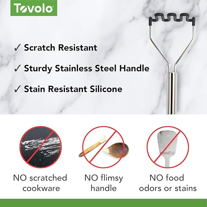Tovolo Silicone Potato Masher Stainless Steel Handle Charcoal Gray Dishwasher Safe Heat Resistant Non Scratch Handheld Coil Wire Potato Smasher for Nonstick Pans Ergonomic Kitchen Food Prep Tool