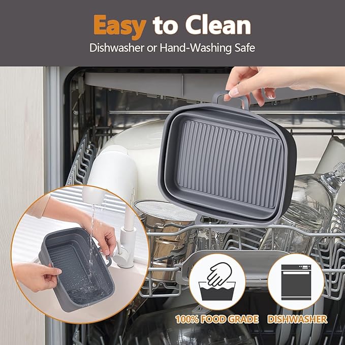 Collapsible 2-Pack Air Fryer Silicone Liners for 10QT NINJA Foodi Dual, Reusable Rectangular Silicone Basket Pot for Air Fryer Accessories (Gray)