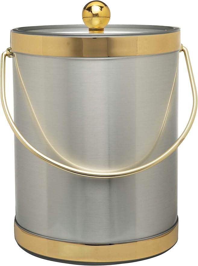 Made In USA Metallic Deco Collection Double Walled Insulated Ice Bucket With Ice Tongs (5-Quart, Silver & Gold)