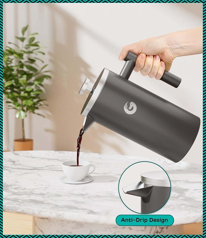 Coffee Gator 304 Grade Stainless Steel French Press Coffee Maker 34 oz, Double Wall Insulated Hot Cold Brew Teapot with 4-Level Filtration System, Include Travel Jar Canister, Kitchen, Gray