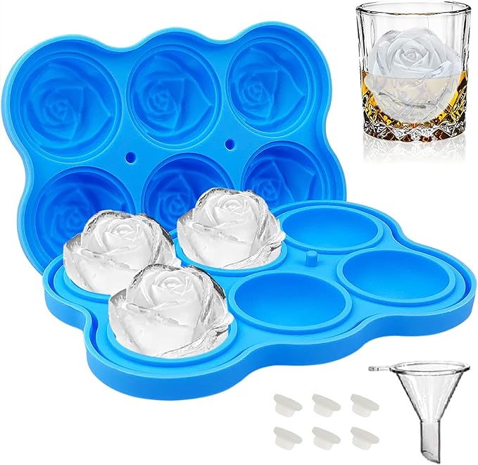 CAMKYDE Rose Ice Cube Tray 2 Inch [1 Mold + 1 Funnel + 6 Stoppers], 6 Cavity Silicone Rose Ice Cube Mold for Whiskey, Chilling Cocktails, Bourbon, Juice (Blue)