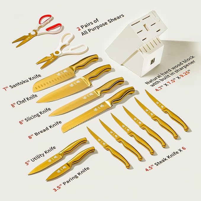 ZHANG XIAO QUAN Gold Knife Set with White Block, High Carbon Stainless Steel Sharp Blades, Built-in Sharpener Kitchen Knife Block Set for Home Cooking