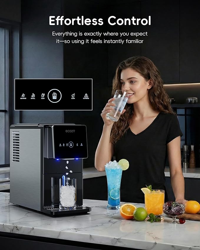 ecozy Nugget Ice Makers Dispenser 40 lbs Per Day Pebble Sonic Ice Machine Countertop, Touch-Free Ice, Self-Cleaning, Mistalo Drop Slim for Home Kitchen Office