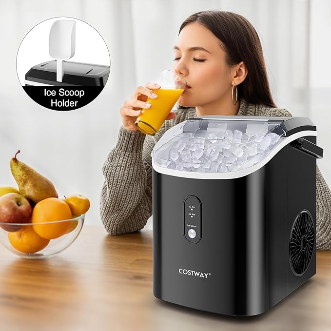 COSTWAY Nugget Countertop Ice Maker, Ready in 6 Mins, 34 lbs/24H, Ice Machine with Soft Chewable Pellet Ice, Self-Cleaning, One-Click Operation, Ice Basket & Ice Scoop for Kitchen (Black)