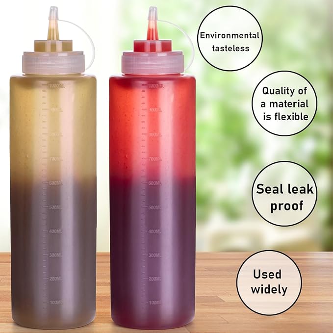 Premium Leak-Proof Squeeze Bottles Plastic Sauce, Ketchup, Condiment & Syrup Dispenser for Kitchen, Pancake Batter, Salad Dressing, Cooking Oil - BPA Free, Dishwasher Safe (2, 12o'z)