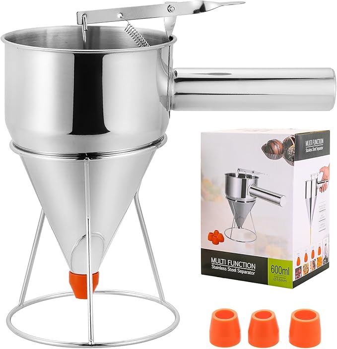 1200ML/40OZ Stainless Steel Pancake Batter Dispenser, Piston Funnel Dispenser with Stand Detachable Handle for Takoyaki Baking Cake Desserts with 4PCS Nozzles