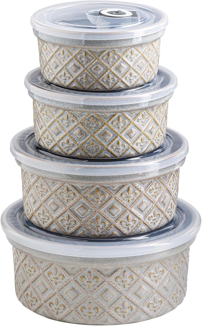 Ceramic Mixing Bowls with Lids Set of 4, Embossed Nesting Storage Bowls for Cooking, Serving, Salad, Popcorn etc, Microwave and Dishwasher Safe, Baking Dishes 12/16/28/40 oz (Gray)