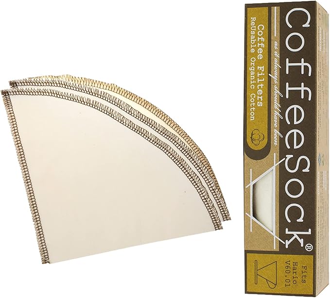 CoffeeSock Reusable Coffee Filters - Hario v60 01 Small (2 Filters) - Organic Natural Cotton Coffee Filters Made in the USA - Ultra-Durable 1 Year Filter Set - Eco-Friendly Compostable Cloth