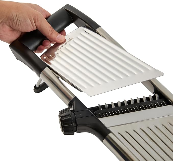 Restaurantware Stainless Steel Adjustable Mandoline Slicer - German Standard Vegetable Slicer with Blade Guard, Cut-Resistant Gloves, Cleaning Brush - Food Slicer for Potato, Onions, Cucumbers, Tomato