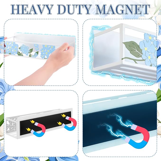 Beeveer 2 Pack Hydrangea Magnetic Spice Rack for Refrigerator Metal Magnet Basket Shelf for Fridge Seasoning Storage Organizers Home Decor Kitchen Accessories (Blue)