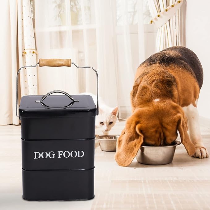 Geyecete Dog Treats tin and dog Food Storage Tin with Lid & with Spoon for dog Food Storage, Medium Pet Food Storage Can-Dog Food-Black