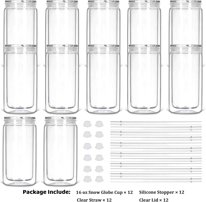 12 Pack Snow Globe Tumbler with Pre Drilled Hole, 16 Oz Double Wall Plastic Can with Lid and Straw, Plastic Mason Jar Mug for Snow Globe Glitter DIY Gift (Clear)