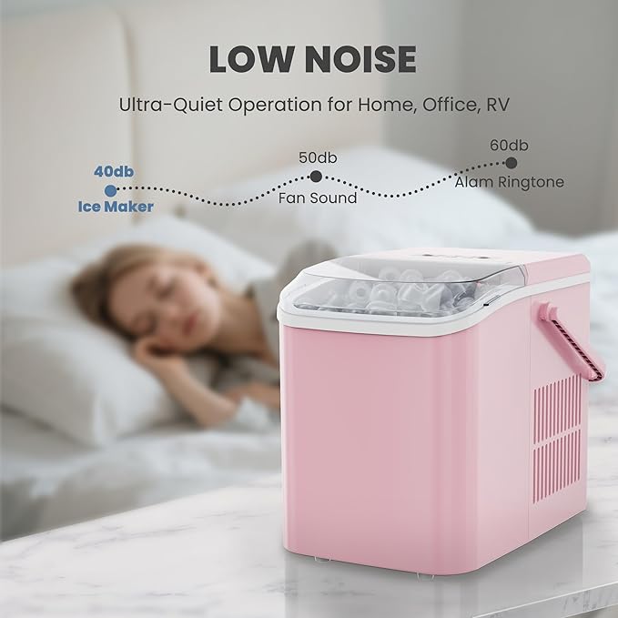 DUMOS Countertop Ice Maker with Handle, 26lbs/24H Portable Ice Machine, 9 Bullet Ice Cubes Ready in 6 Mins, Self-Cleaning, Quiet Compact Ice Maker for Home, Kitchen, RV, Camping, Pink