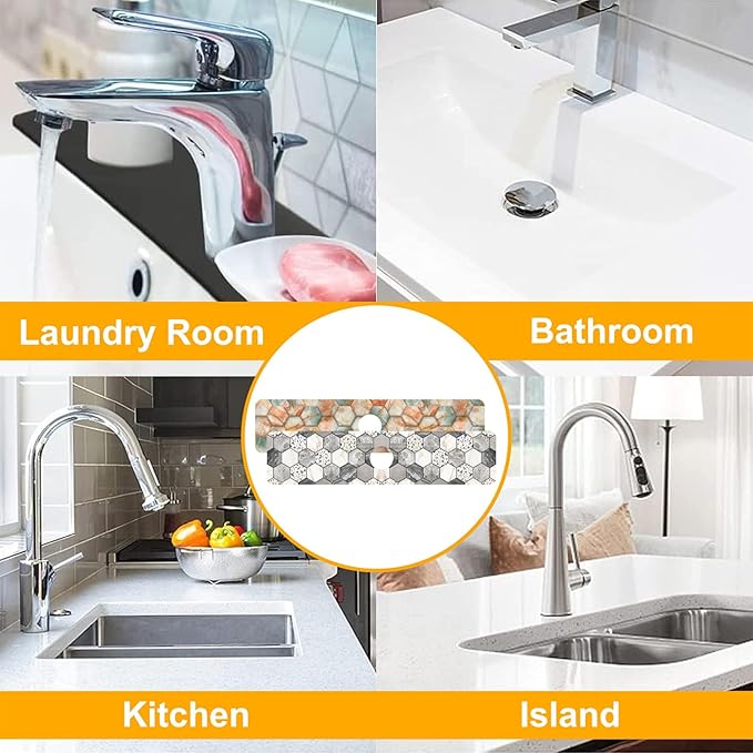 2 Pack Hexagon Marble Sink Splash Guard Faucet Mat Gold Glitter Lines Marble Super Absorbent Fast Drying Mat Sink Gadgets-Splash Guard Behind Faucet Drip Catcher for Kitchen Bathroom, 23.5"x5.5"