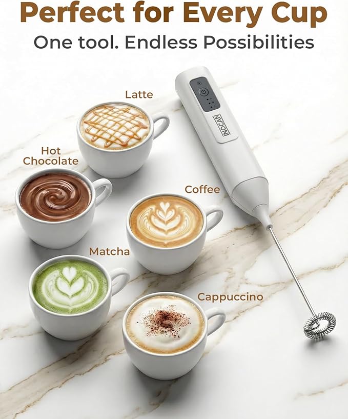 INDCAN Rechargeable Milk Frother Handheld, Electric Coffee Frother Wand with Stainless Steel Stand, 3-Speed Foam Maker with 2 Whisks, USB-C Drink Mixer for Latte, Cappuccino, Matcha (Elite, White)