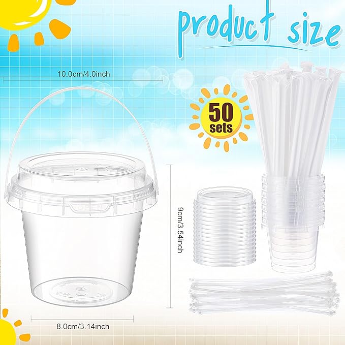 Funnymoom 50 Set 16oz Clear Plastic Drink Buckets with Lids and Straws Disposable Iced Coffee Cups Rum Buckets for Cocktail Parties Smoothie Cup Bulk with Handles for Beach Pool Party Supplies