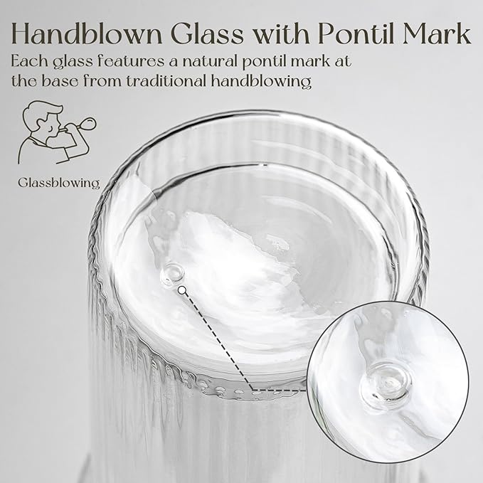 KEMORELA 2PCS 20oz Double Wall Ribbed Glass Cups with Lids and Straws, Insulated Borosilicate Glass Tumblers, Heat-Resistant, leak-proof Design for Iced Coffee, Tea, Juice, Reusable for Home & Parties