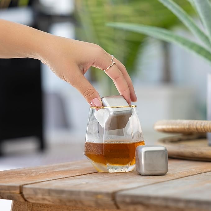 Outset Stainless Steel Ice Cubes, Set of 2 Reusable Metal Whiskey Stones with Store Box, 1.57"