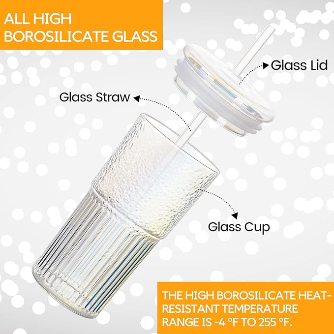 QWEZXO Colorful High Borosilicate Glass Cups With Lids and Glass Straws，20 OZ Rainbow Iced Coffee Water Tumbler Smoothie