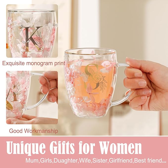 Gifts for Women Double Wall Flower Glass Coffee Mug Initial Glass Cup Personalized Monogrammed Birthday Wedding Christmas Graduation Valentine Mothers Day Gifts for Mom Wife Friends Coworker Bride (S)