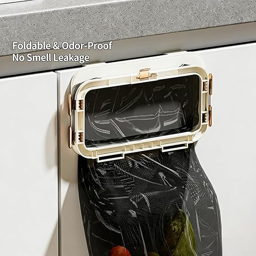 Foldable Trash Bag Holder, No-Drill Adhesive Mount for 0.8" Thin Cabinet & Smooth Surfaces, Under Sink & Wall Mount Organizer for Kitchen, Bathroom, RV, Camper