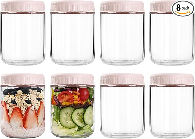 SHOWIN Overnight Oats Containers with Lids, 16oz Glass Jars with Lids 8 pcs, Pink, Wide Mouth Mason jars for Salad, Yogurt, Snacks, Meal Prep