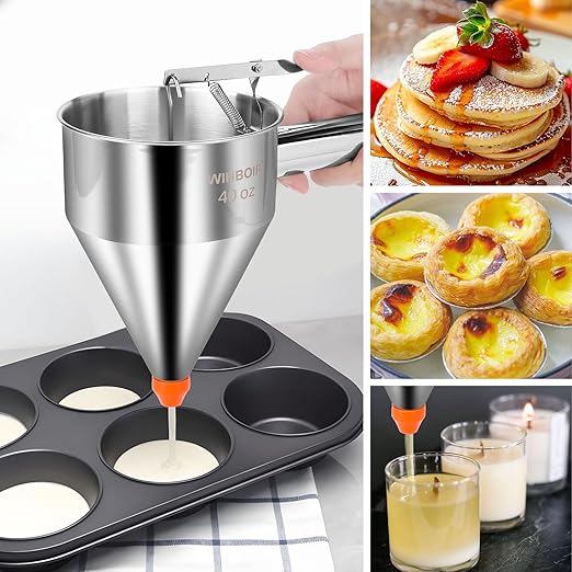 Stainless Steel Pancake Batter Dispenser with Squeeze Handle and Multi-Nozzle, for Pancakes, Cupcakes, and Baked Goods. 40 oz