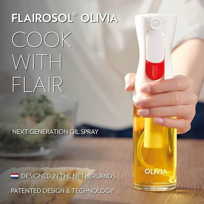 FLAIROSOL OLIVIA. The Original Advanced Oil Sprayer for Cooking, Salads, BBQs and More, Continuous Spray with Portion Control, Trusted by Chefs. Patented Technology. (Glass Bottle) (White Print)