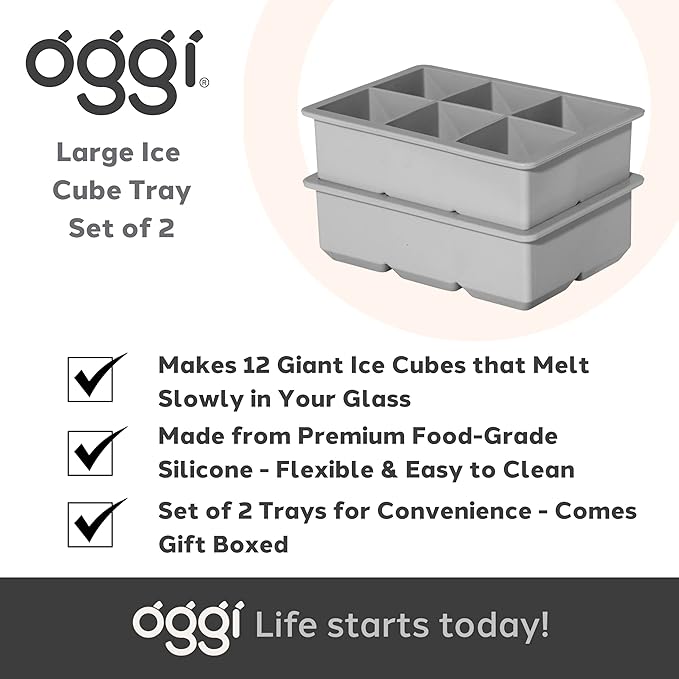 OGGI Ice Cube Tray, Pack of 2 Ice Cube Trays, Large Ice Cube Maker, Flexible 6 Cavity Silicone Ice Cube Trays for Freezer, Slow Melting Big Ice Cubes for Whiskey, Cocktails & Juices, BPA Free - Gray