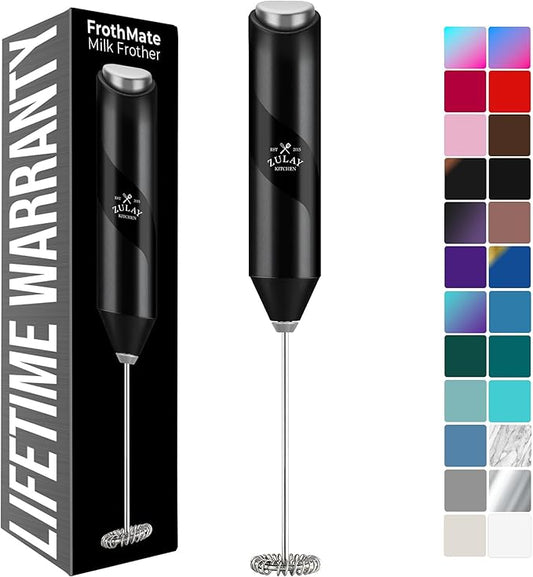Zulay Kitchen Powerful Milk Frother Wand - Handheld Stainless Steel - Battery Operated Drink Mixer for Coffee, Lattes, Cappuccino, Matcha - Froth Mate Frother Gift - Midnight Black