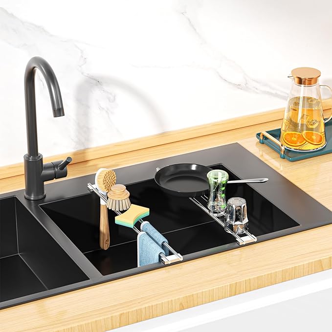 Dish Cloth Holder for Kitchen Sink, Adjustable Over-The-Sink Dish Rag Rack, Metal Kitchen Racks Sink Brush Holder, Drying Rack for Dishcloths, Sponges, Brushes, and Bottles (1, Sliver)