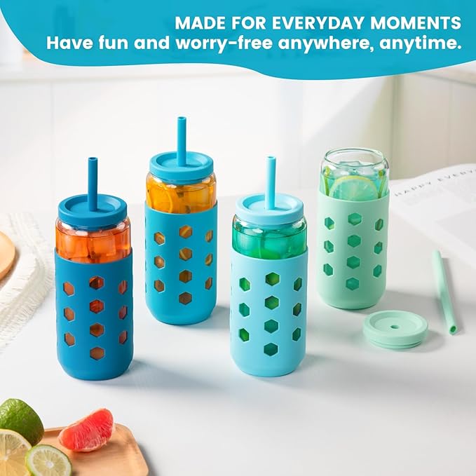 Mrsdry Glass Cups with Lids and Straws (4 Pcs), 20oz Drinking Glasses Set with Silicone Sleeves for Coffee Bar Accessories Iced Coffee Cups with Lids, Glass Tumbler Reusable for Gifts