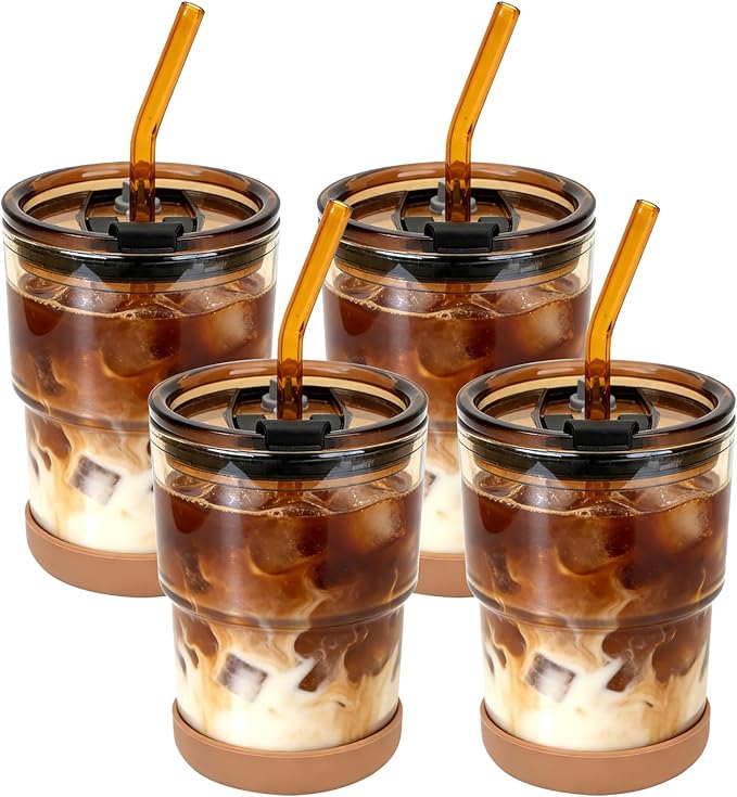Zukro 13 oz Glass Iced Coffee Cups with Lid and Straw, Leak Proof Glass Tumbler for Ice Tea, Water, Non-Slip Silicone Bottom, Thick Wall Drinking Glasses for Home/Office, BPA Free, Amber 4 Pack