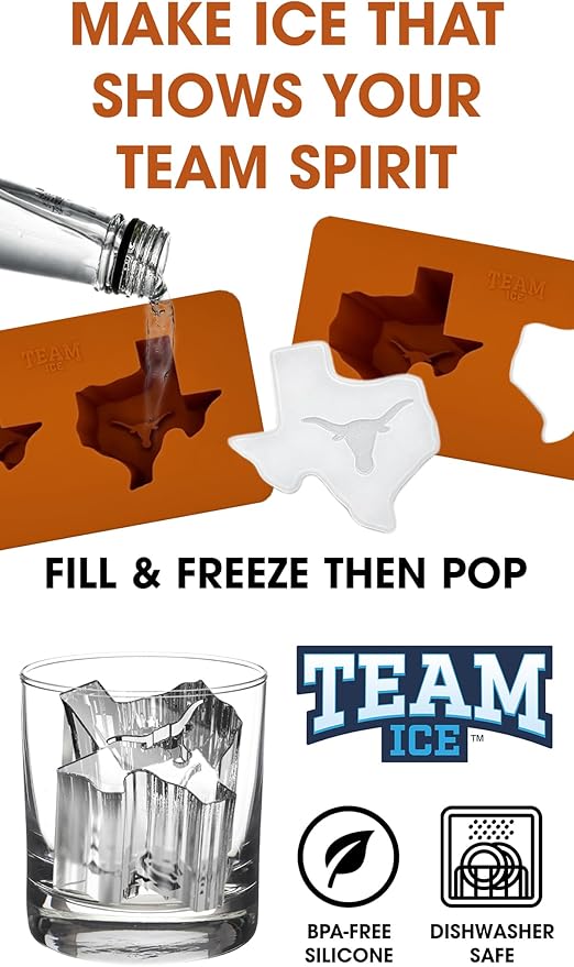 TEAM ICE - Texas Silicone Ice Cube Tray - Large Silicone Ice Cube Mold for Whiskey & Cocktails, Durable Ice Tray for Game Day Drinks, College Logo Ice Mold for Fans & Tailgate Parties