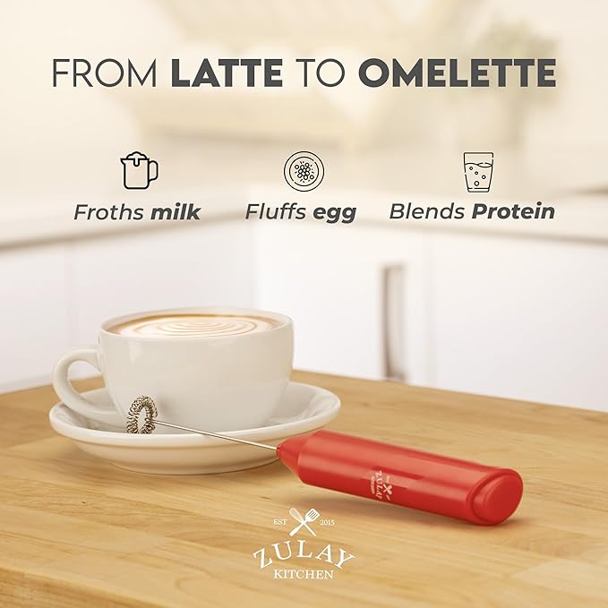 Zulay Kitchen Powerful Milk Frother AA Batteries Included – Ultra Fast Handheld Drink Mixer with Stainless Steel Whisk Stirrer for Coffee, Protein, Matcha & More, Frother Wand Electric Frothmate Red