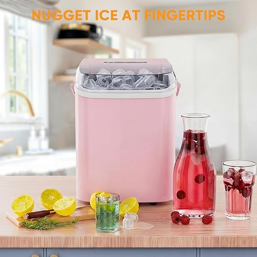 Ice Makers Countertop, Portable Ice Machine with Handle, 6 Mins 9 Bullet Ice Cubes with Basket and Scoop, 26lbs in 24Hrs, Auto-Cleaning, for Home, Kitchen, RV, Camping, Pink