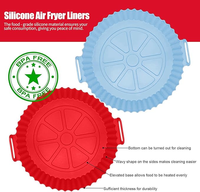 2 Pack Air Fryer Liners,8.5 Inch Silicone Airfryer Liners,Air Fryer Accessories,Reusable Baking Tray Oven Accessories,Replacement of Flammable Parchment Paper (Red Blue) (RED&BLUE&Green)
