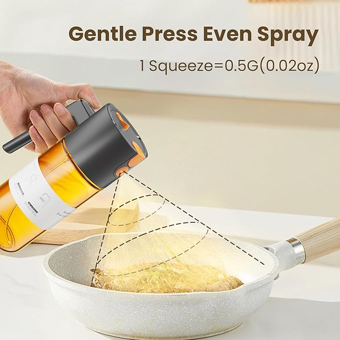 LAKUMIQI 2 in 1 Oil Sprayer for Cooking, 17oz Light-Blocking Glass Spray Bottle with Stickers, Oil Dispenser for Salad, Air Fryer & BBQ